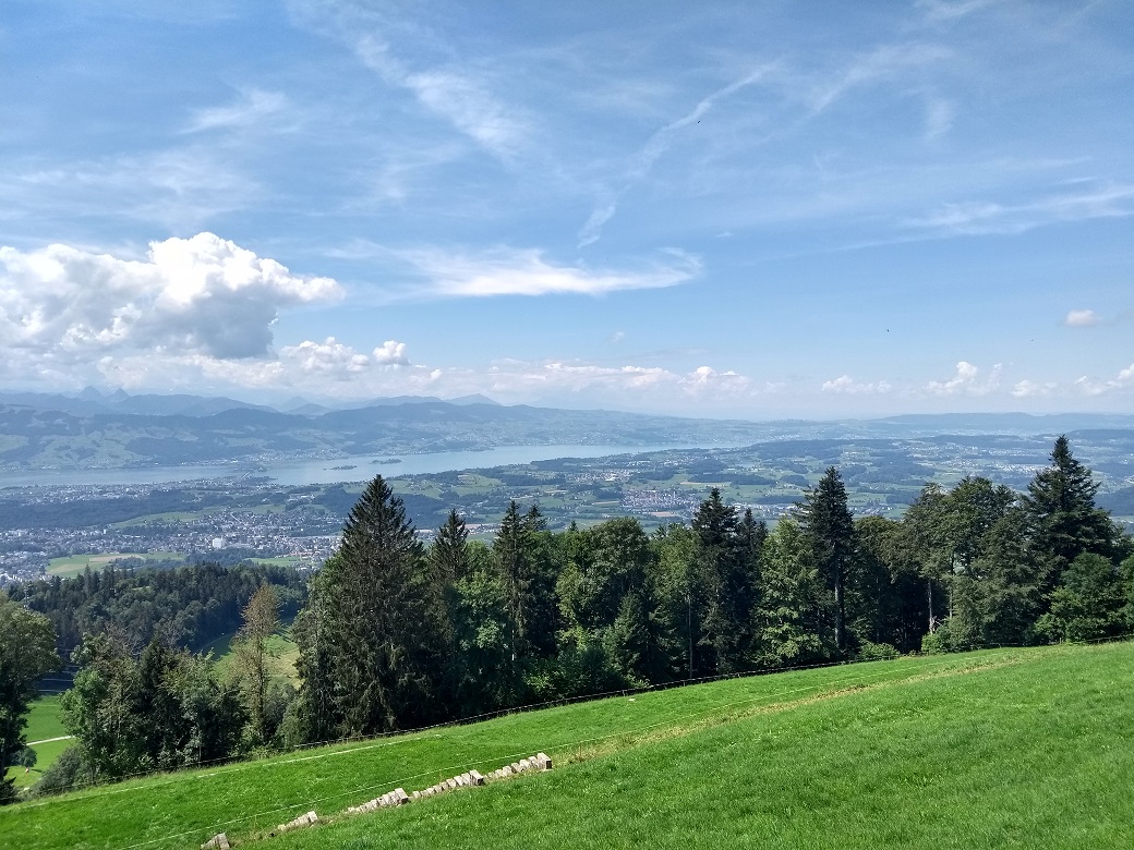 Links Rapperswil mit dem Seedamm, links davon der Obersee.